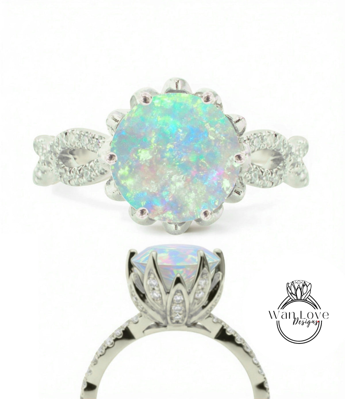 a silver ring with a large, round opal gemstone set in a decorative metal band.