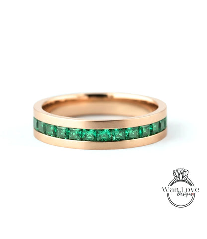 Green Emerald Ring | 14K Gold Emerald Wedding Band | Princess cut Emerald Mens Ring | Statement Ring | Mens Birthstone Ring | Gift for Him