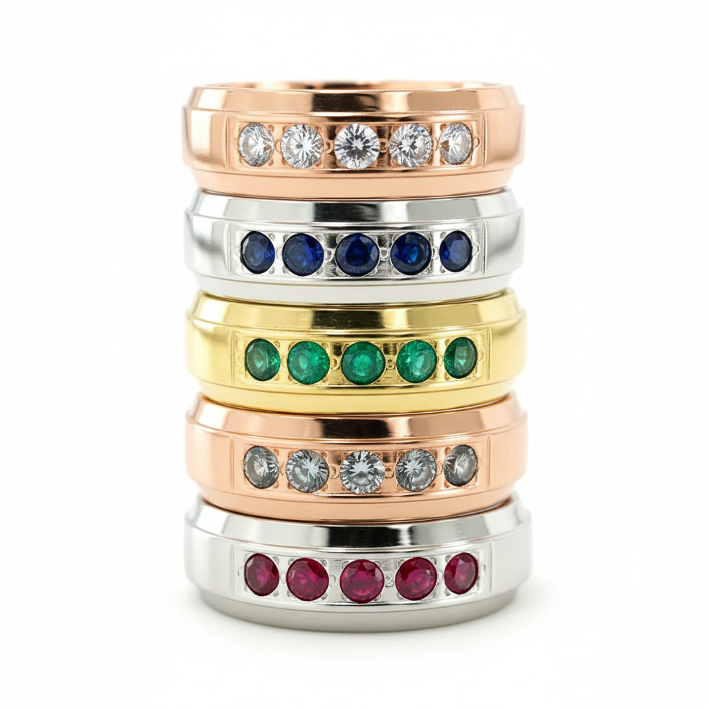 A stack of rings with various gemstones set in them, including diamonds and rubies.