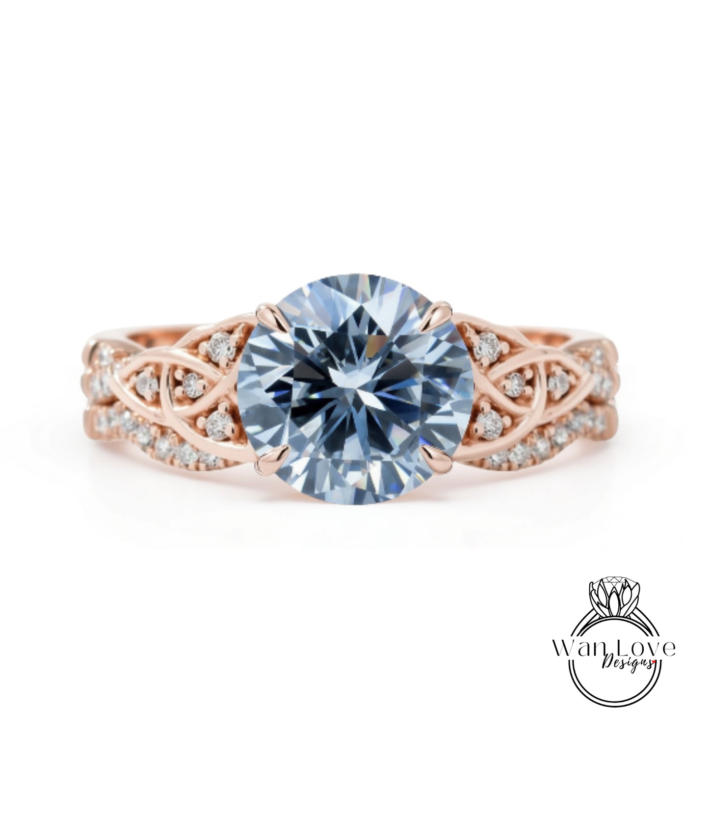 A rose gold engagement ring with a large blue diamond as the centerpiece, surrounded by smaller diamonds and intricate designs.