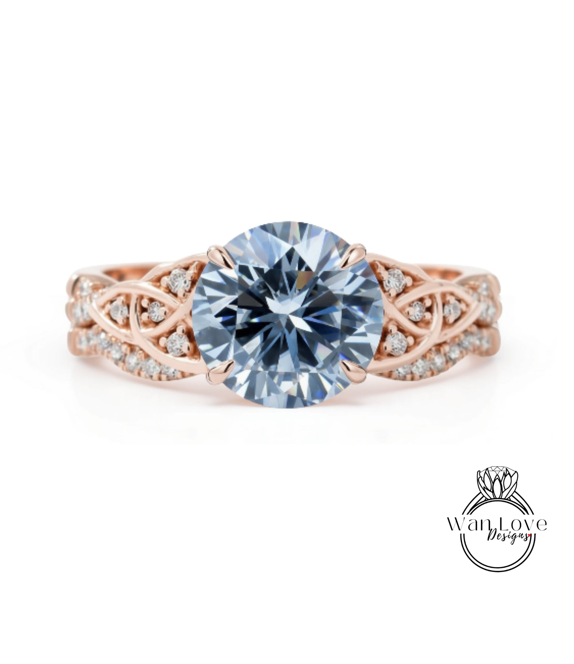 A rose gold engagement ring with a large blue diamond as the centerpiece, surrounded by smaller diamonds and intricate designs.