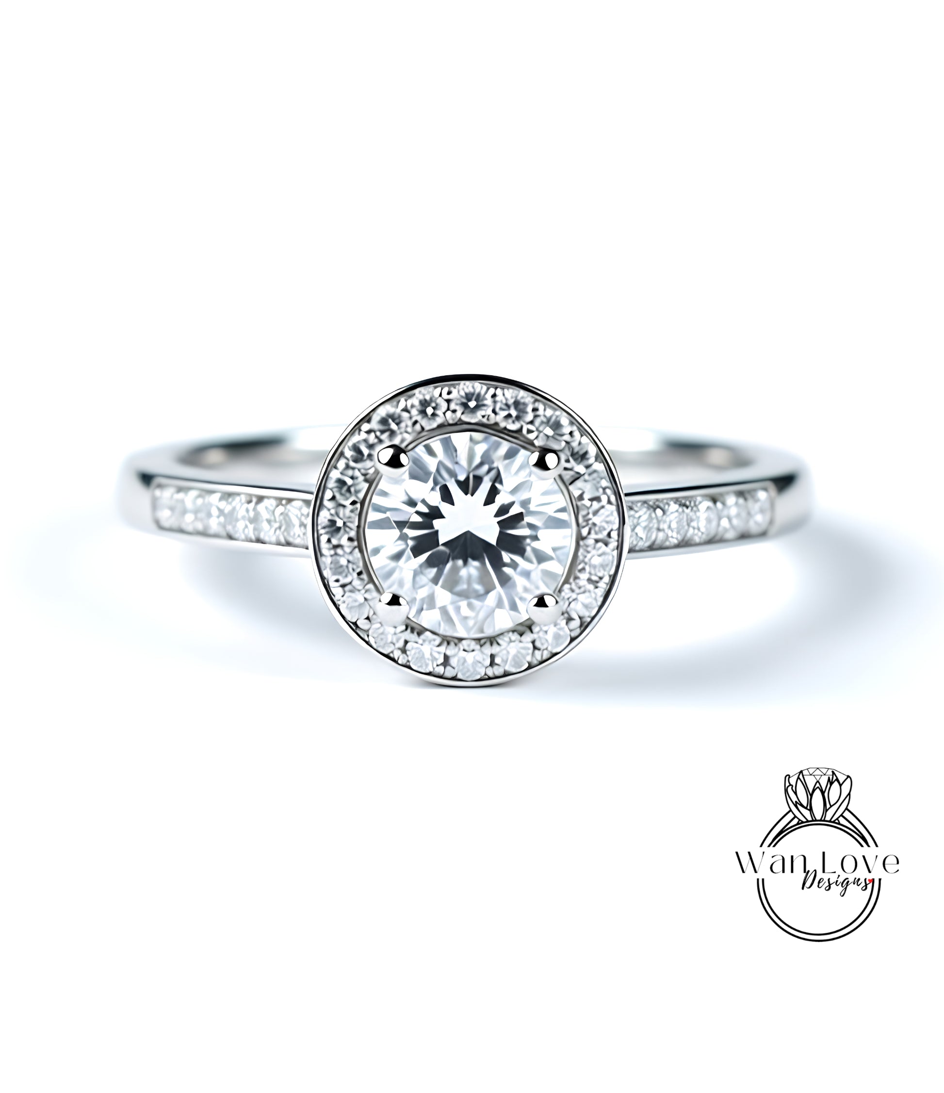 A close-up of a diamond engagement ring with a large central diamond surrounded by smaller diamonds, set in a silver band.