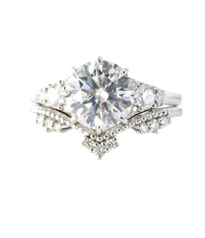 Set di anelli di fidanzamento vintage in moissanite con taglio rotondo a 8 punte, in oro bianco, in stile art deco, con corona, anello nuziale, anniversario, anello di promessa, pronto