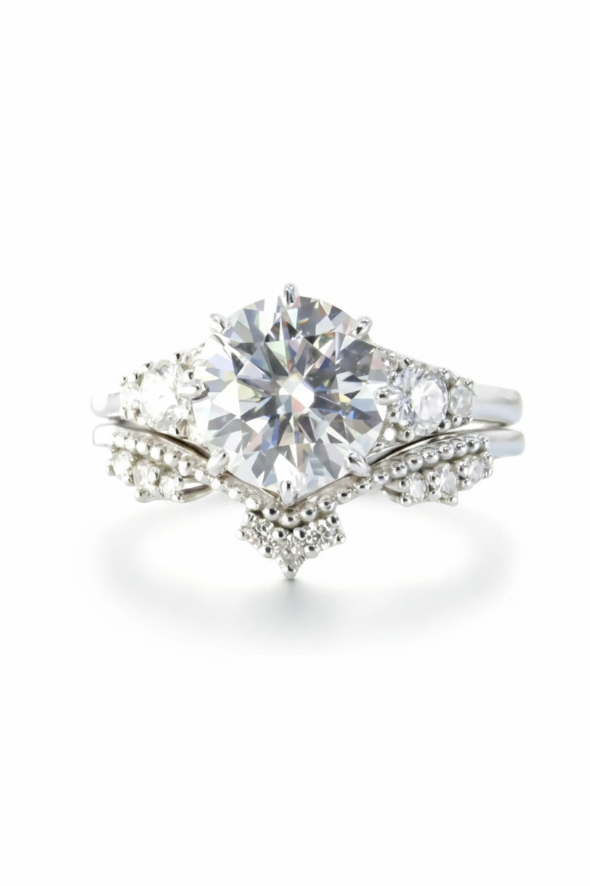 Set di anelli di fidanzamento vintage in moissanite con taglio rotondo a 8 punte, in oro bianco, in stile art deco, con corona, anello nuziale, anniversario, anello di promessa, pronto