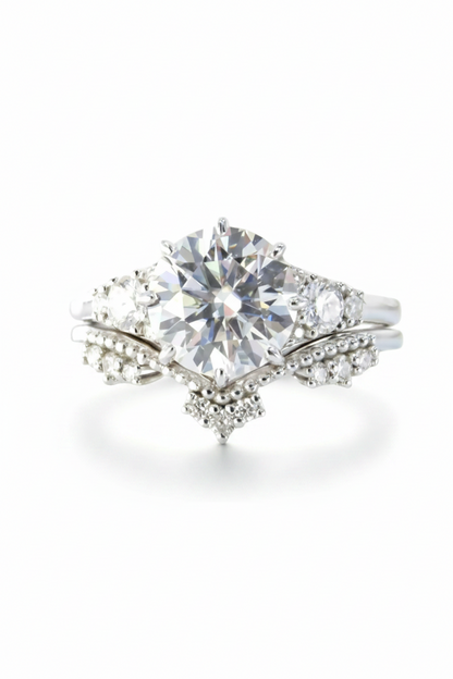 Set di anelli di fidanzamento vintage in moissanite con taglio rotondo a 8 punte, in oro bianco, in stile art deco, con corona, anello nuziale, anniversario, anello di promessa, pronto
