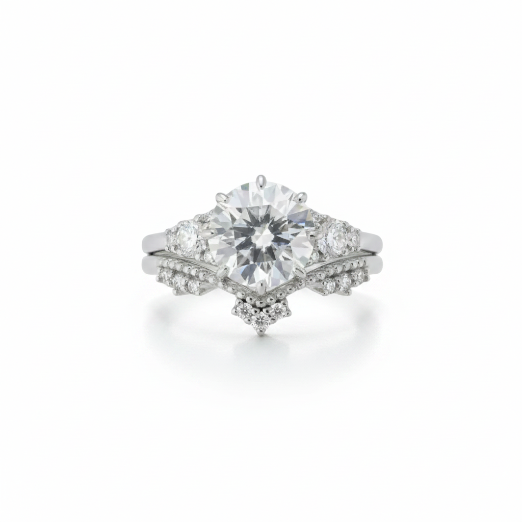 Set di anelli di fidanzamento vintage in moissanite con taglio rotondo a 8 punte, in oro bianco, in stile art deco, con corona, anello nuziale, anniversario, anello di promessa, pronto