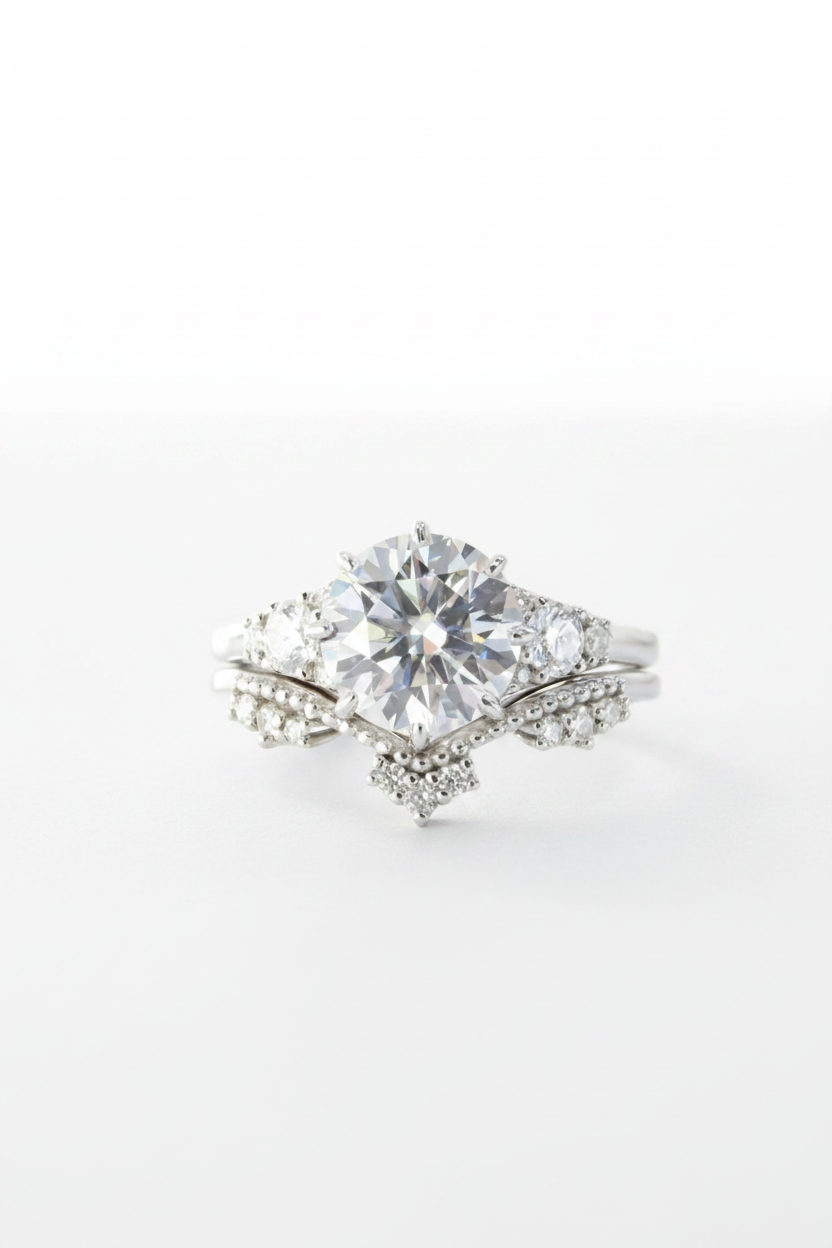 Set di anelli di fidanzamento vintage in moissanite con taglio rotondo a 8 punte, in oro bianco, in stile art deco, con corona, anello nuziale, anniversario, anello di promessa, pronto