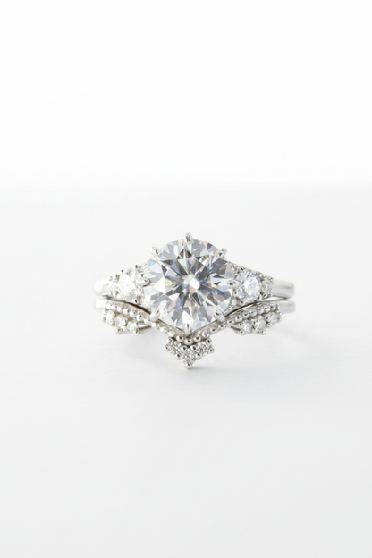 Set di anelli di fidanzamento vintage in moissanite con taglio rotondo a 8 punte, in oro bianco, in stile art deco, con corona, anello nuziale, anniversario, anello di promessa, pronto