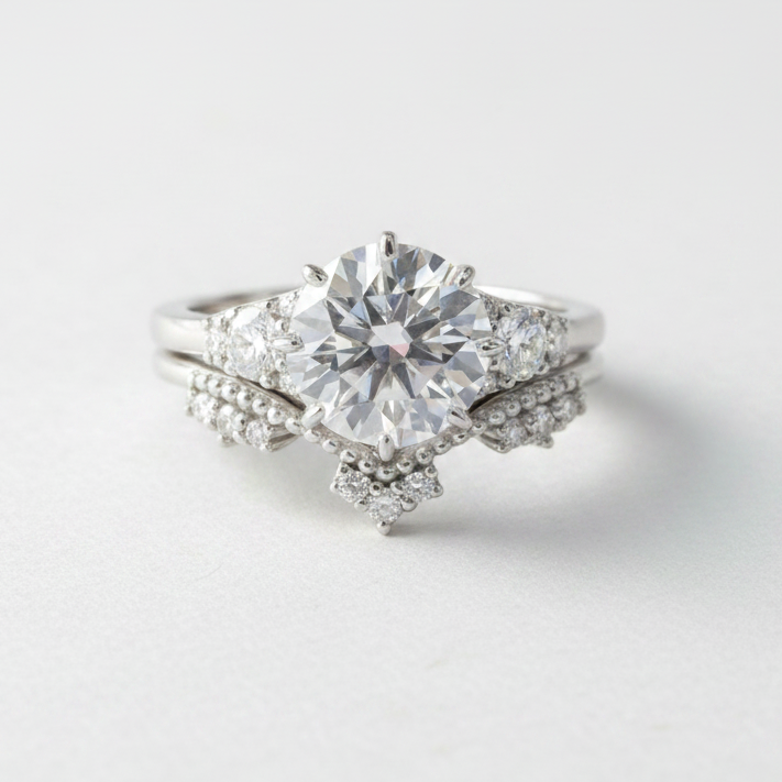 Set di anelli di fidanzamento vintage in moissanite con taglio rotondo a 8 punte, in oro bianco, in stile art deco, con corona, anello nuziale, anniversario, anello di promessa, pronto