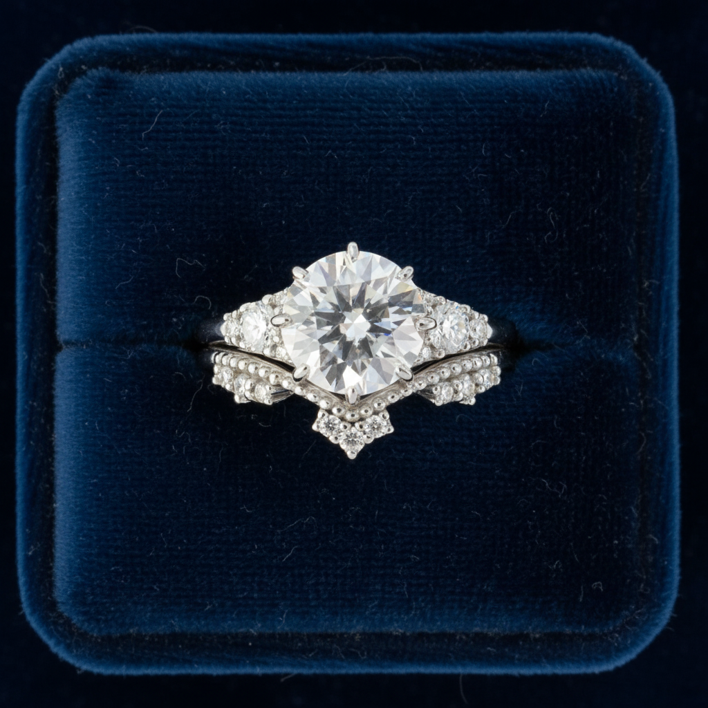 Set di anelli di fidanzamento vintage in moissanite con taglio rotondo a 8 punte, in oro bianco, in stile art deco, con corona, anello nuziale, anniversario, anello di promessa, pronto