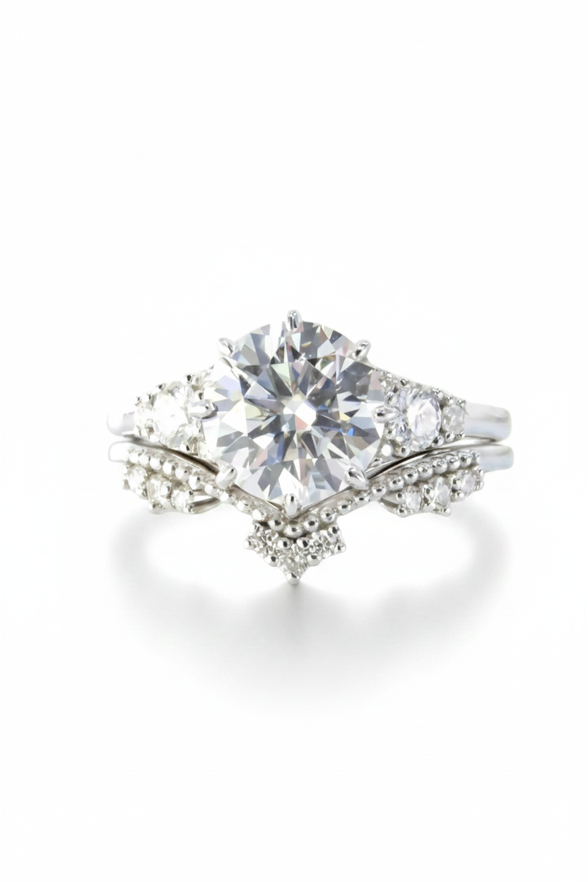 Set di anelli di fidanzamento vintage in moissanite con taglio rotondo a 8 punte, in oro bianco, in stile art deco, con corona, anello nuziale, anniversario, anello di promessa, pronto