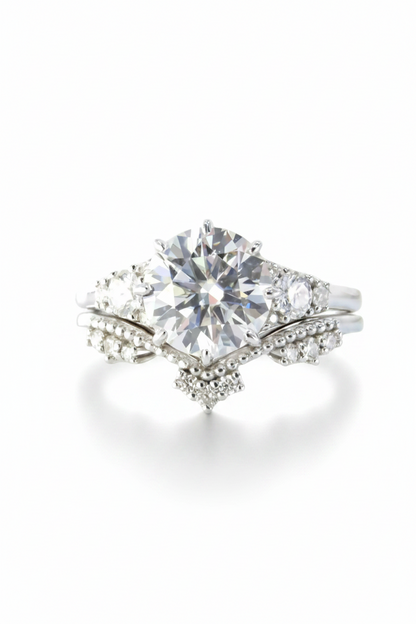Set di anelli di fidanzamento vintage in moissanite con taglio rotondo a 8 punte, in oro bianco, in stile art deco, con corona, anello nuziale, anniversario, anello di promessa, pronto