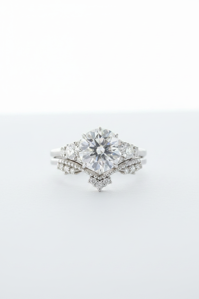 Set di anelli di fidanzamento vintage in moissanite con taglio rotondo a 8 punte, in oro bianco, in stile art deco, con corona, anello nuziale, anniversario, anello di promessa, pronto