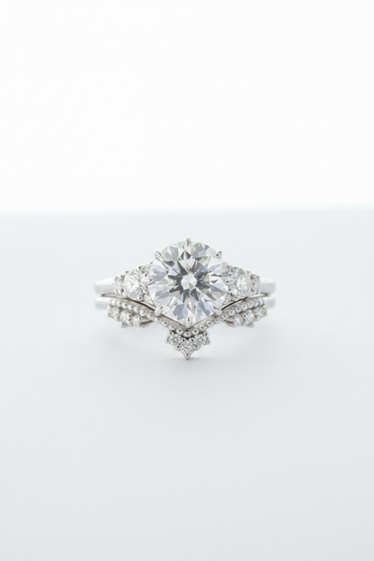 Set di anelli di fidanzamento vintage in moissanite con taglio rotondo a 8 punte, in oro bianco, in stile art deco, con corona, anello nuziale, anniversario, anello di promessa, pronto