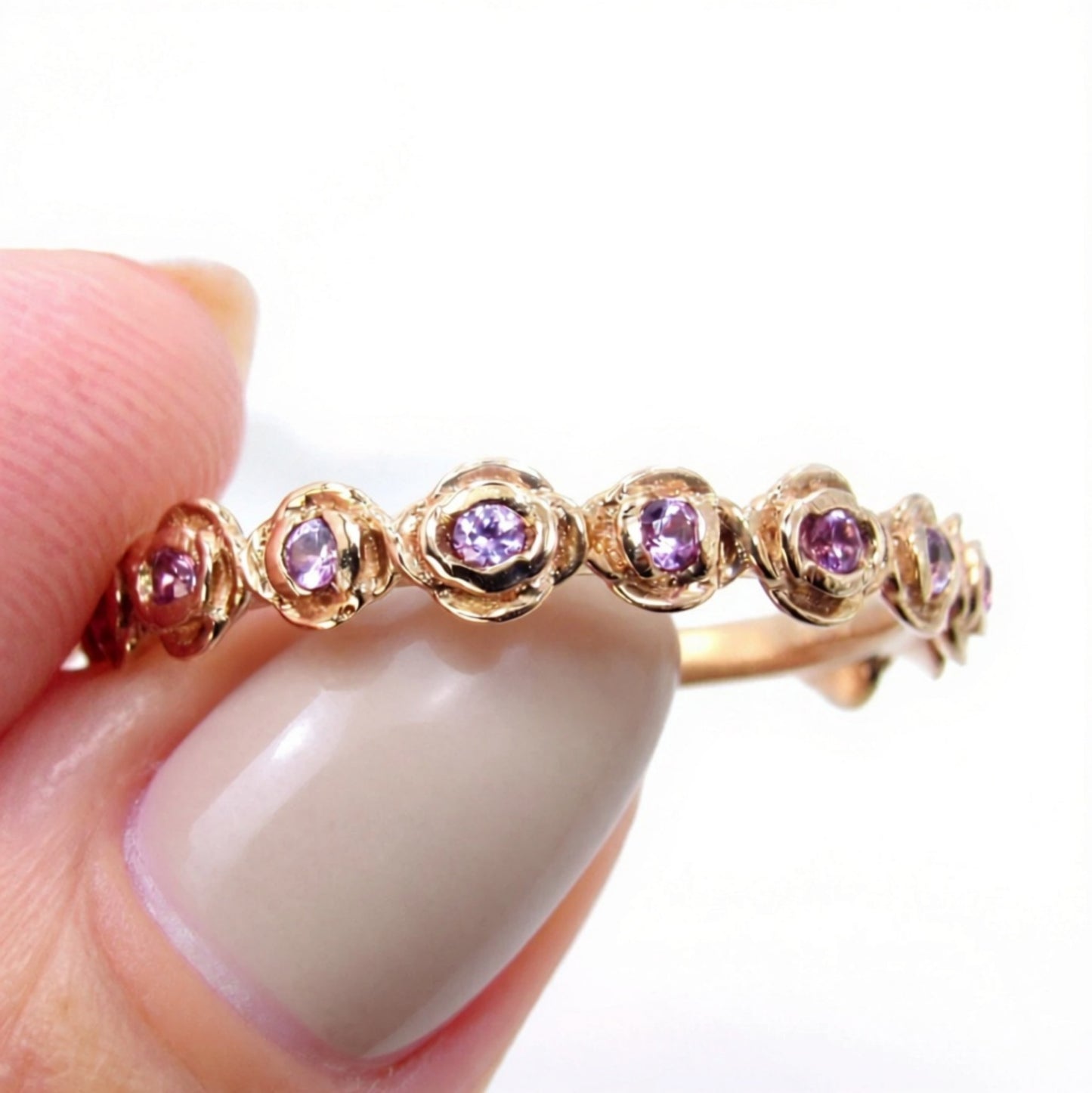 Rose Gold Pink Sapphire Wedding Band Women vintage Rose bridal band leaf flower wedding ring floral ring anniversary band, Ready to Ship Wan Love Designs