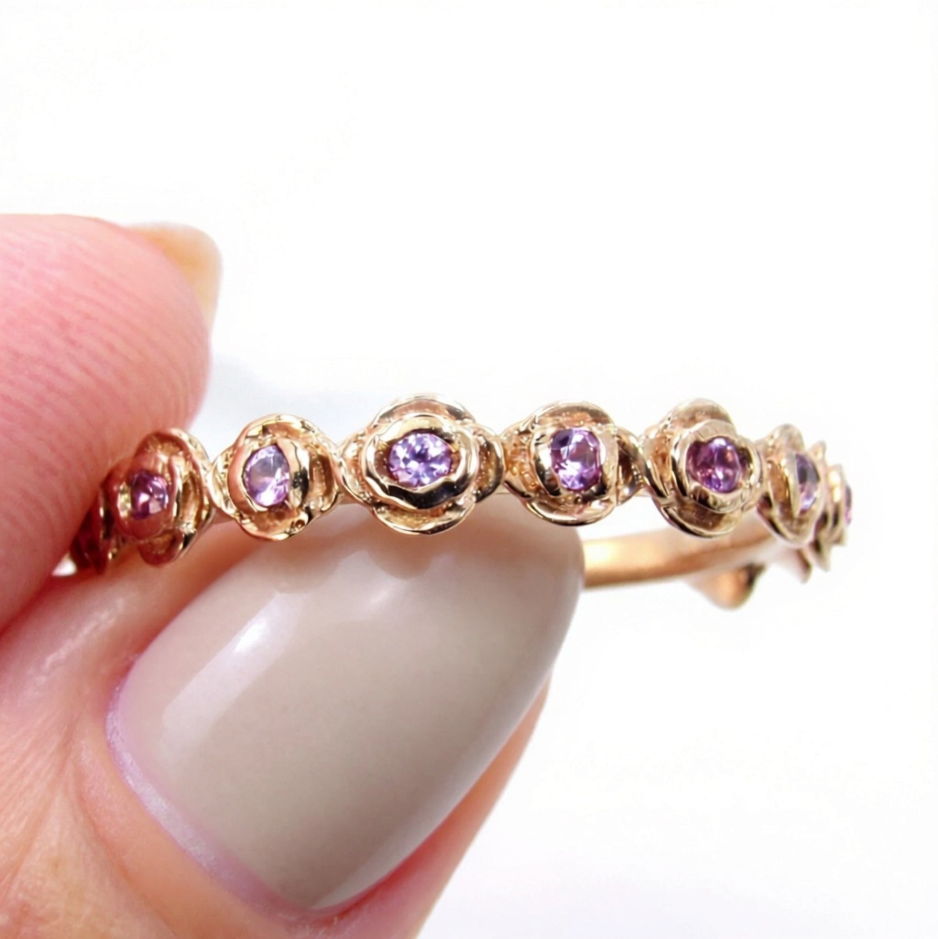 Rose Gold Pink Sapphire Wedding Band Women vintage Rose bridal band leaf flower wedding ring floral ring anniversary band, Ready to Ship Wan Love Designs