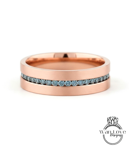 Diamond Mens Wedding Band, Middle row gems Cigar Band, 14k White Rose Gold Ring, Mens Band, Mans Birthstone Commitment Band