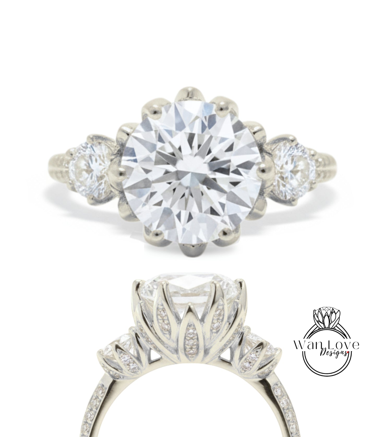 A stunning diamond engagement ring with a large central diamond surrounded by smaller diamonds on either side, set in a silver band with a scalloped edge.