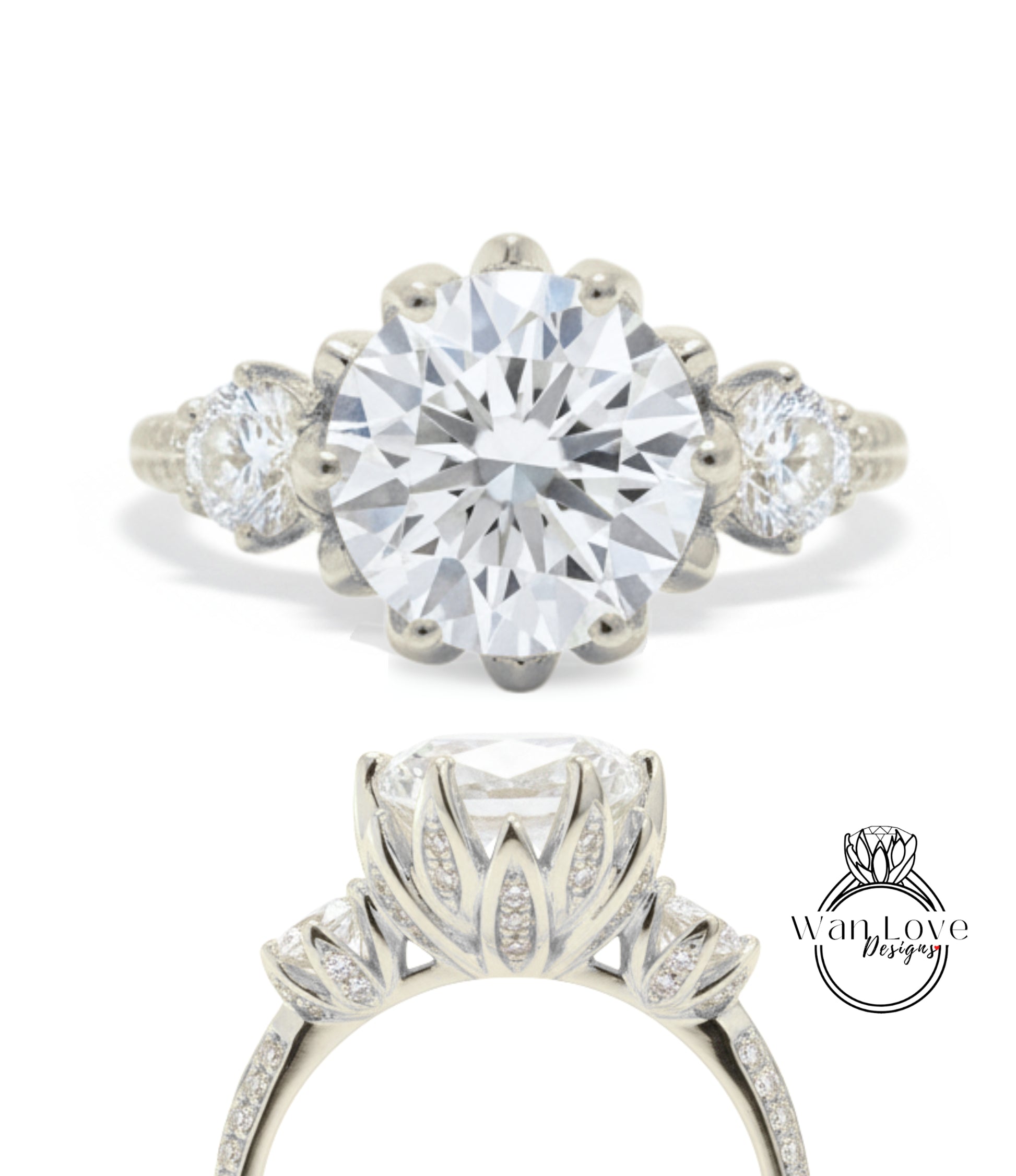 A stunning diamond engagement ring with a large central diamond surrounded by smaller diamonds on either side, set in a silver band with a scalloped edge.