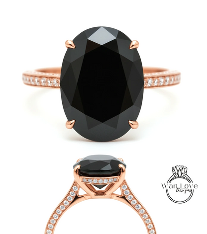 Black Spinel & Diamond Oval side halo 3 sided Almost eternity shank band Engagement Ring 14k/18k Rose White Gold, Celebrity Elongated Oval Bridal wedding Ring, Anniversary Gift