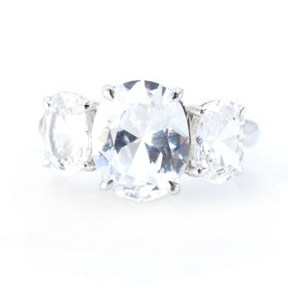 White Sapphire 3 Gem Stone Oval Engagement Ring Gemstone 4ct 10x8mm 1ct 7x5mm 925 Silver w Rhodium-resizable-Ready to Ship