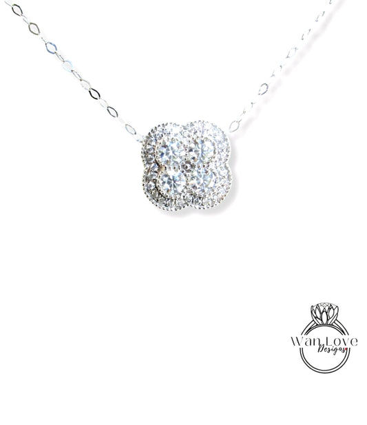 Diamond Clover Necklace, Diamond Halo Pendant Necklace, Quatrefoil Birthstone Charm, 18K White Gold Diamond Flower Necklace Cross Pendant