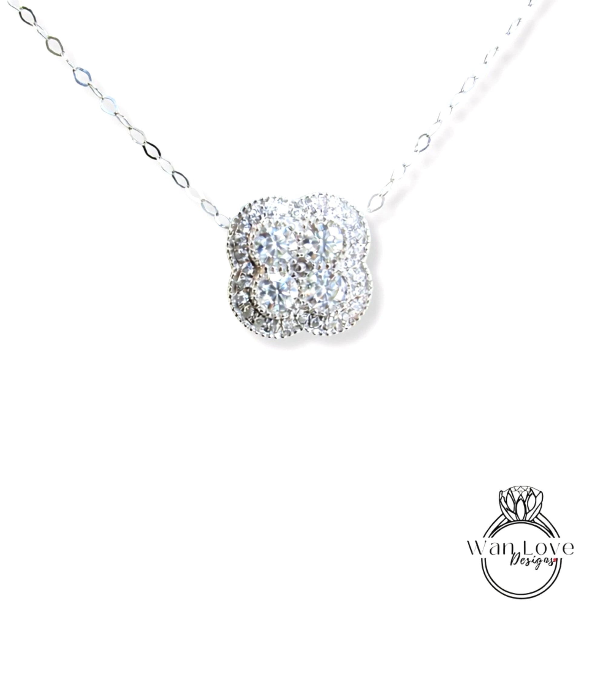 Diamond Clover Necklace, Diamond Halo Pendant Necklace, Quatrefoil Birthstone Charm, 18K White Gold Diamond Flower Necklace Cross Pendant