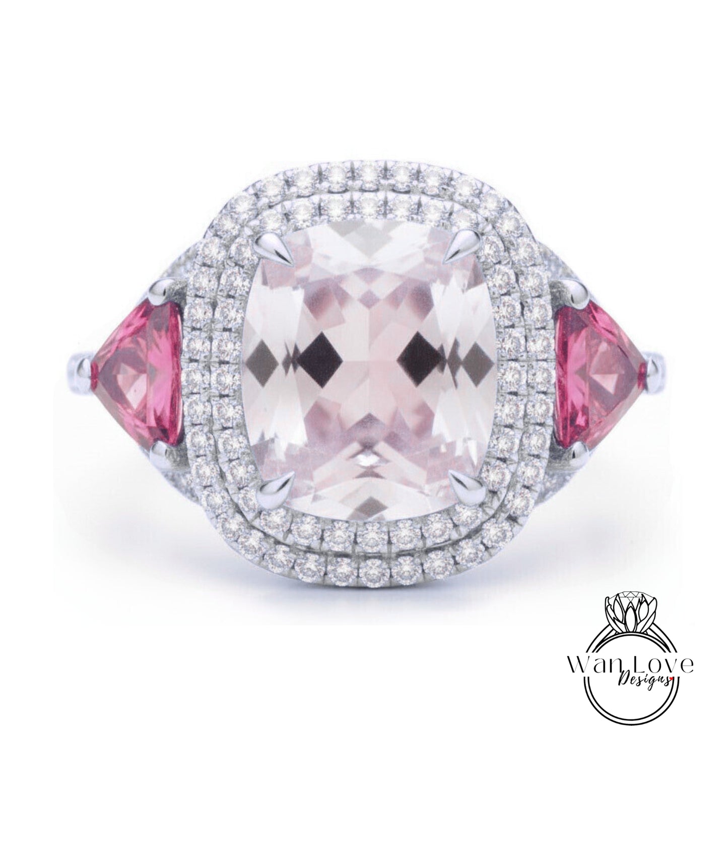 A large, pink gemstone ring with a halo of diamonds around it, set in a silver band.