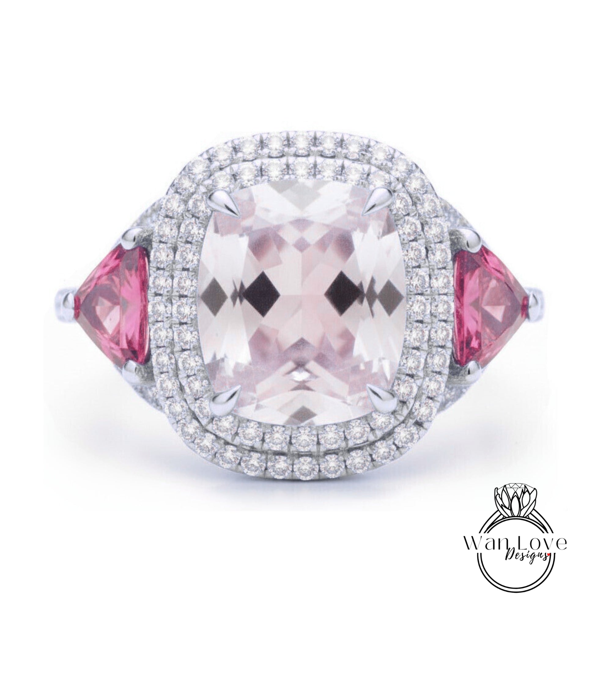 A large, pink gemstone ring with a halo of diamonds around it, set in a silver band.