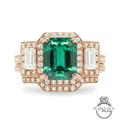A stunning engagement ring featuring a large, vibrant green gemstone surrounded by smaller diamonds set in a rose gold band.