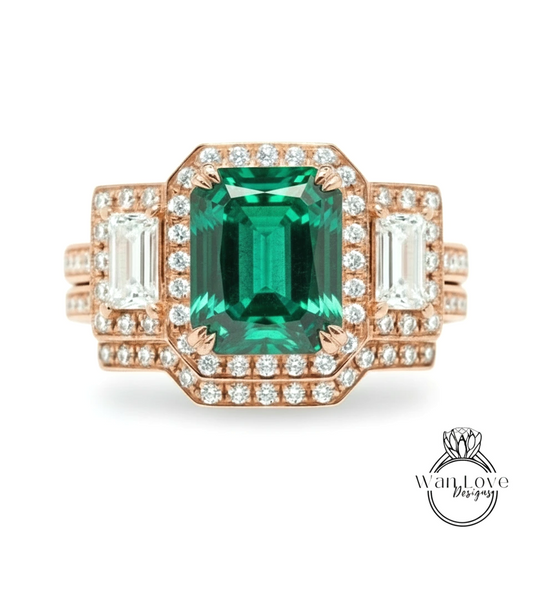 A stunning engagement ring featuring a large, vibrant green gemstone surrounded by smaller diamonds set in a rose gold band.