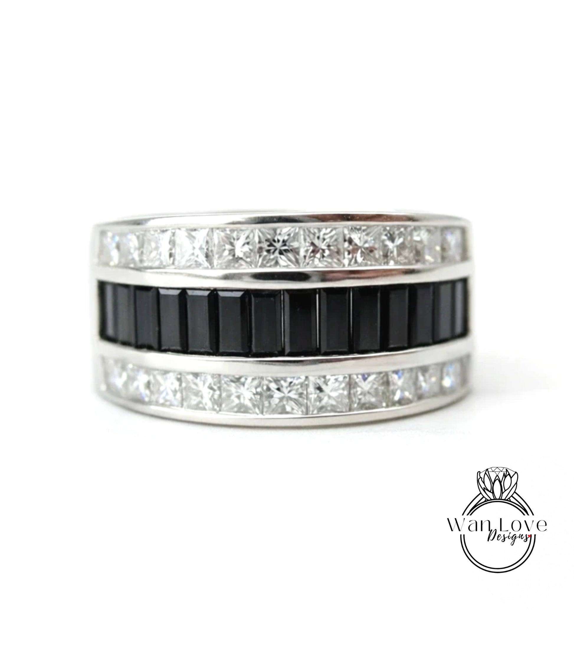 A silver ring with a black band and a row of diamonds set in it.