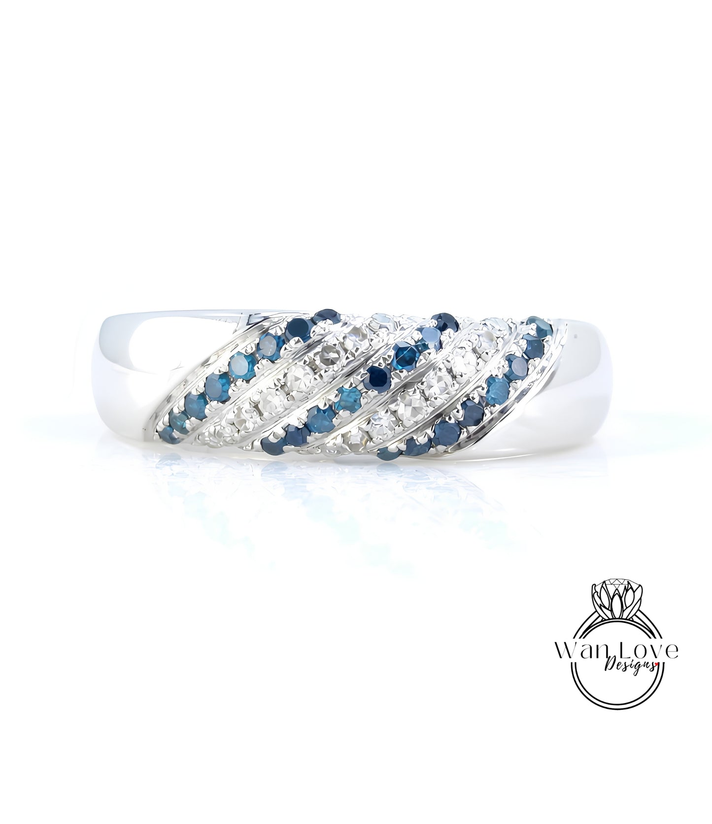 A silver ring adorned with blue and white gemstones, showcasing a unique and elegant design.