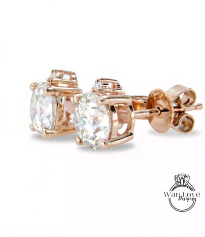Moissanite Round cut Earrings studs basket Push Backs 4 Prongs, .75ct, 1.5cttw, 6mm, Custom-White Rose Gold,Anniversary Gift, Ready to Ship