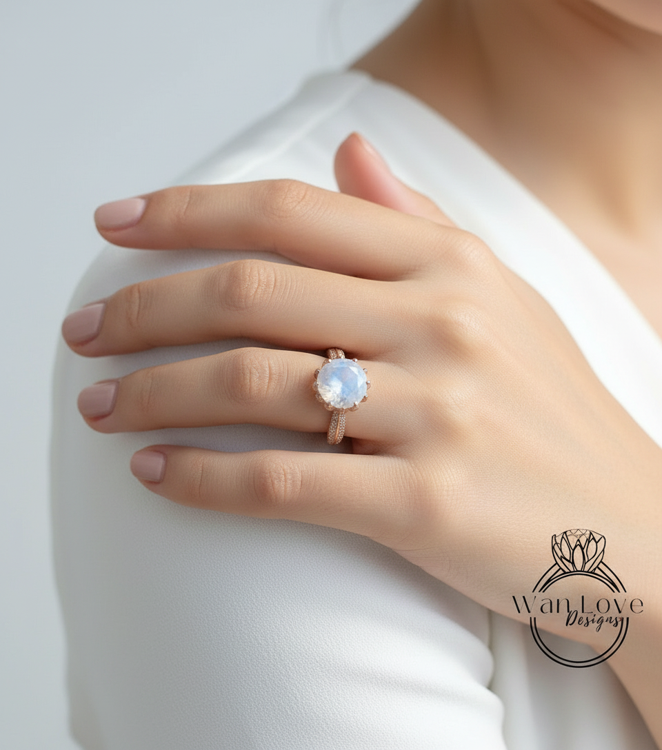 Moonstone & Diamond Lotus Flower Round Engagement Ring, 14k 18k White Yellow Rose Gold-Platinum-Custom made size-Wedding-Anniversary