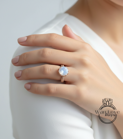 Moonstone & Diamond Lotus Flower Round Engagement Ring, 14k 18k White Yellow Rose Gold-Platinum-Custom made size-Wedding-Anniversary