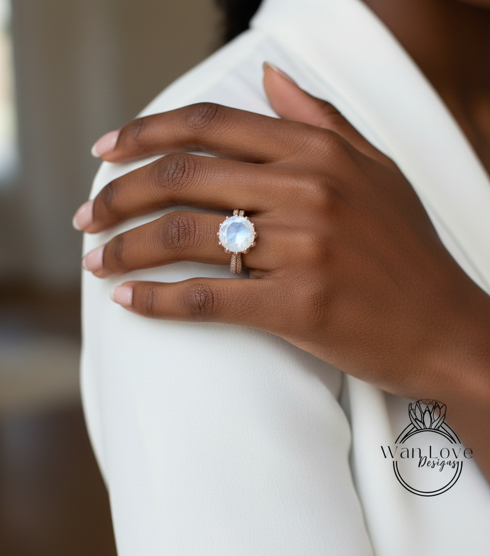 Moonstone & Diamond Lotus Flower Round Engagement Ring, 14k 18k White Yellow Rose Gold-Platinum-Custom made size-Wedding-Anniversary