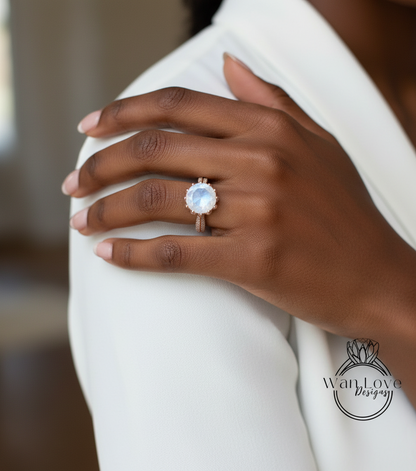 Moonstone & Diamond Lotus Flower Round Engagement Ring, 14k 18k White Yellow Rose Gold-Platinum-Custom made size-Wedding-Anniversary