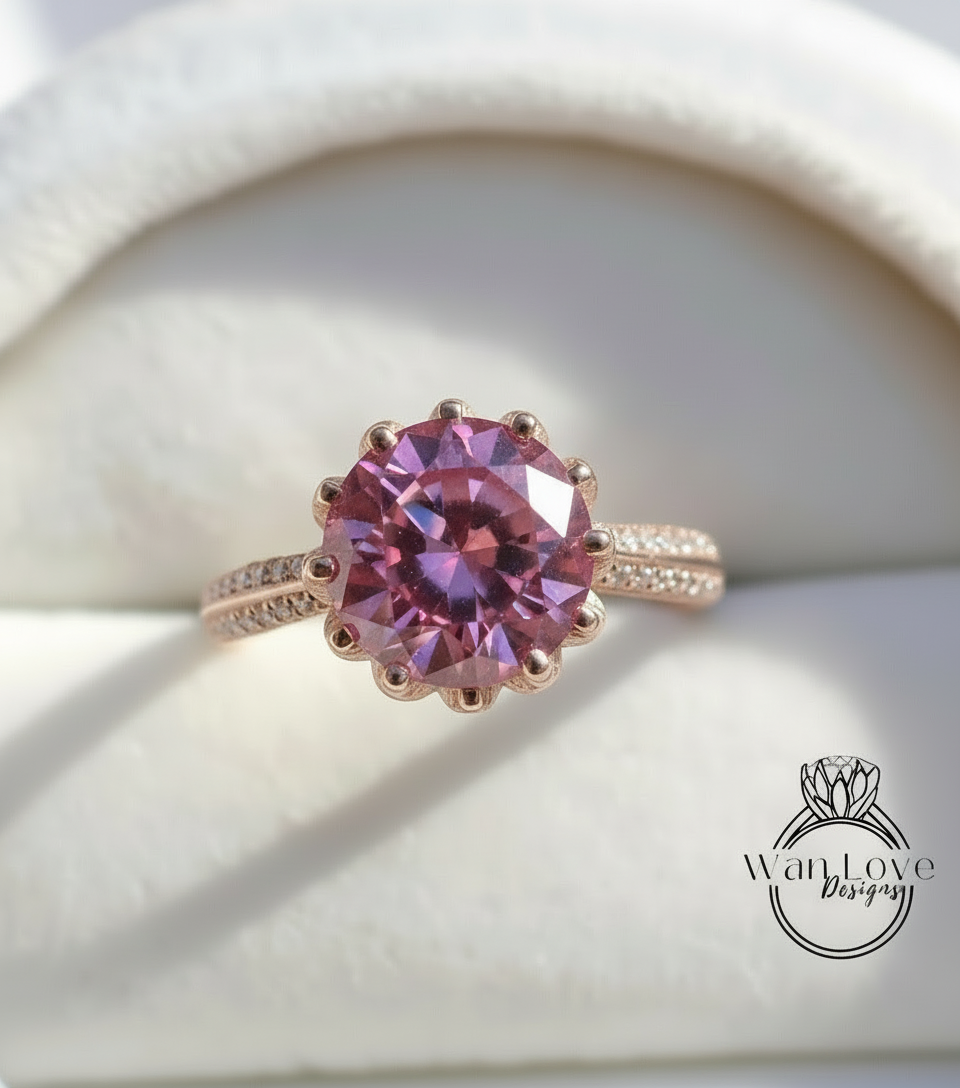 Anello di fidanzamento con fiore di loto e zaffiro rosa, taglio rotondo, 14 kt, 18 kt, bianco, giallo, oro rosa, platino, personalizzato