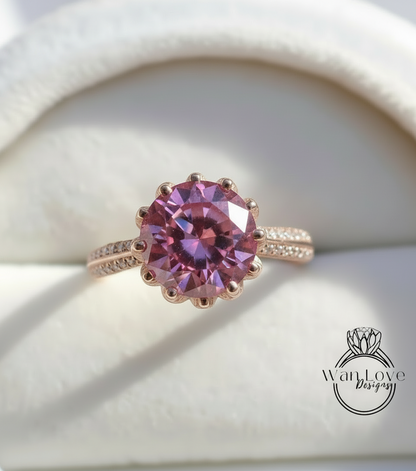 Anello di fidanzamento con fiore di loto e zaffiro rosa, taglio rotondo, 14 kt, 18 kt, bianco, giallo, oro rosa, platino, personalizzato