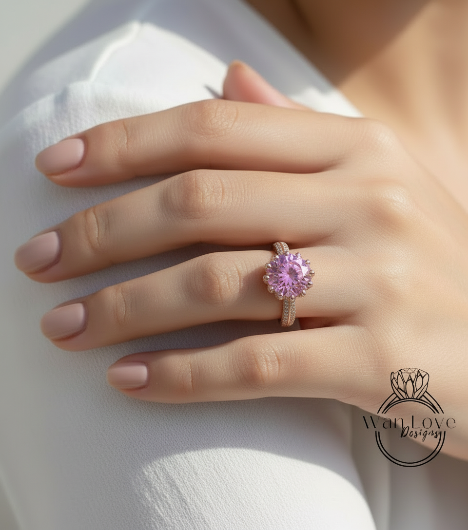 Anello di fidanzamento con fiore di loto e zaffiro rosa, taglio rotondo, 14 kt, 18 kt, bianco, giallo, oro rosa, platino, personalizzato