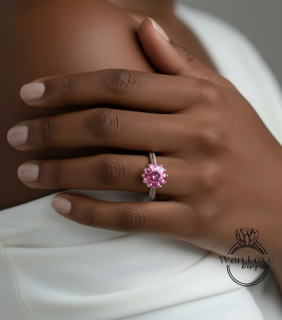 Anello di fidanzamento con fiore di loto e zaffiro rosa, taglio rotondo, 14 kt, 18 kt, bianco, giallo, oro rosa, platino, personalizzato