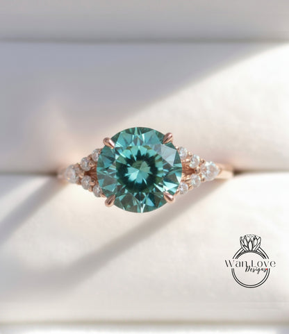 A close-up image of a beautiful engagement ring with a large, round blue gemstone surrounded by smaller diamonds.