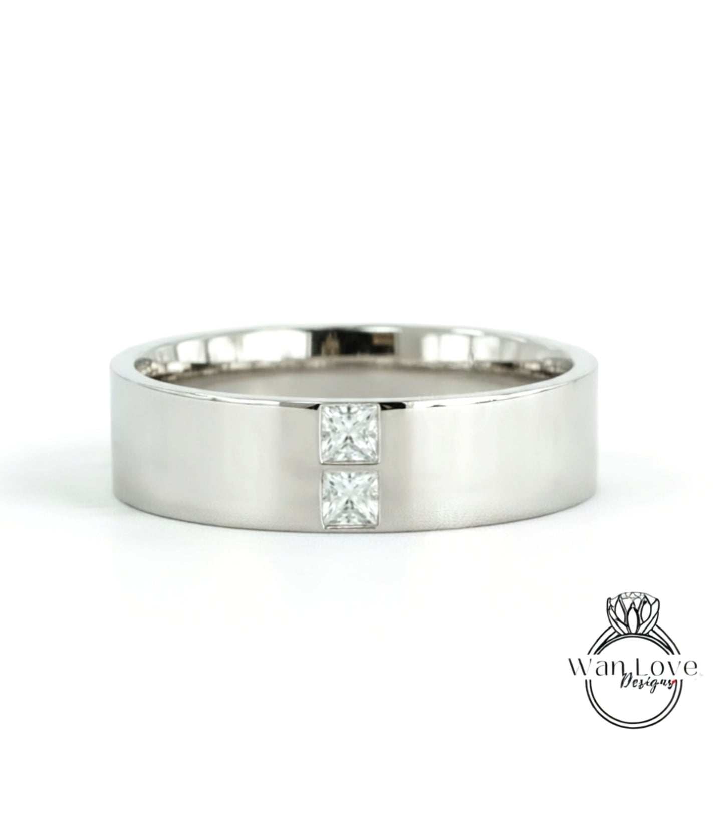 Mens Diamond Wedding Band, Princess Cut 2 gem Moissanite Mens Birthstone Wedding Band, Solid Gold 10k/14k/18k Wedding Ring