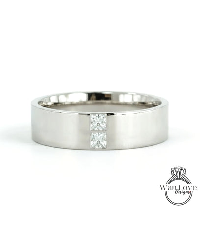 Mens Diamond Wedding Band, Princess Cut 2 gem Moissanite Mens Birthstone Wedding Band, Solid Gold 10k/14k/18k Wedding Ring