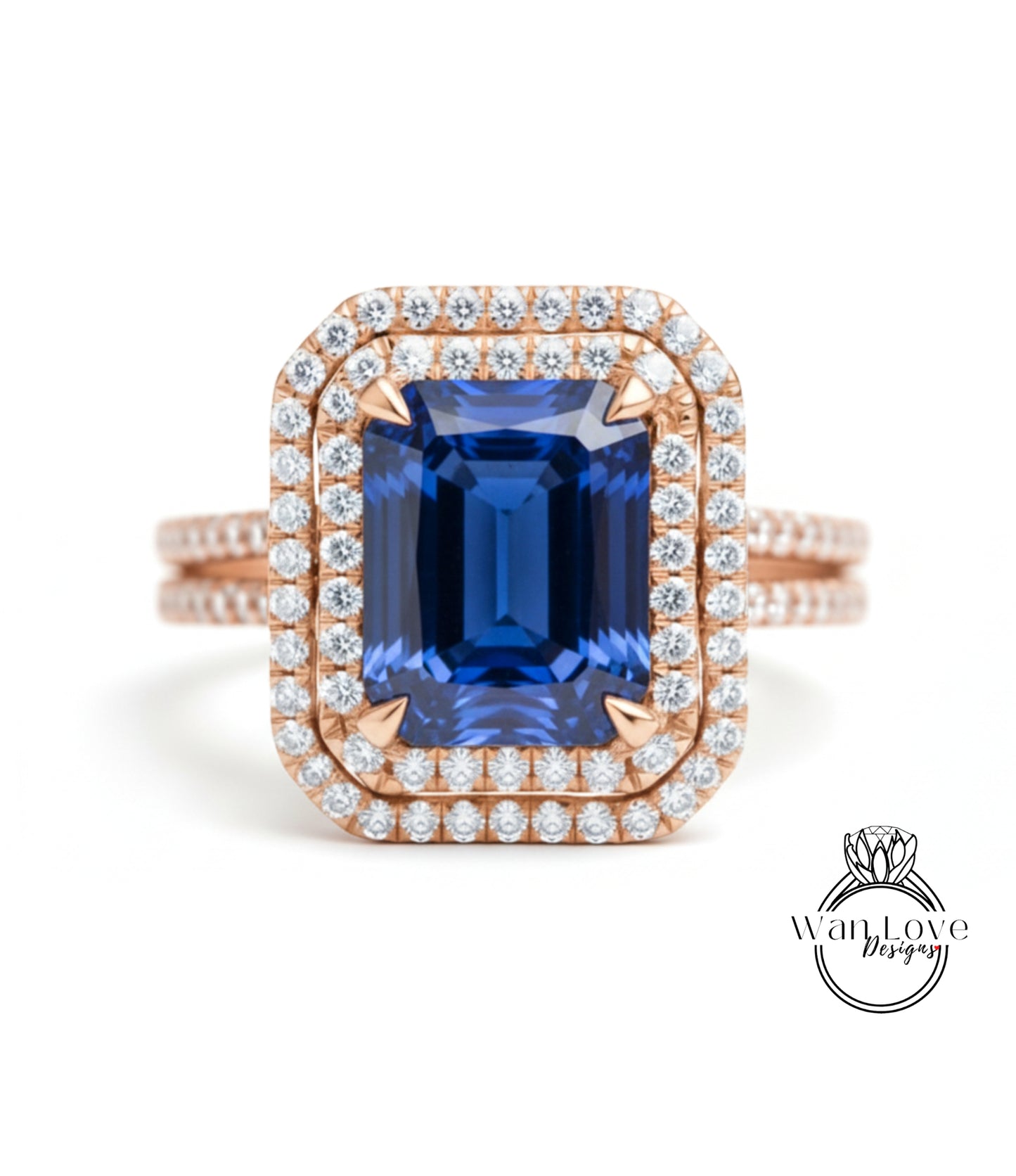 A stunning ring featuring a large blue gemstone surrounded by a halo of smaller diamonds, set in a rose gold band.