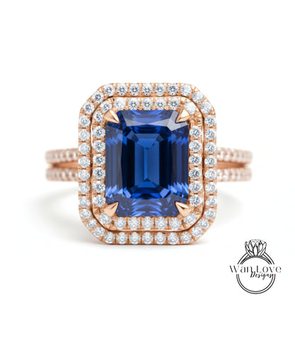 A stunning ring featuring a large blue gemstone surrounded by a halo of smaller diamonds, set in a rose gold band.