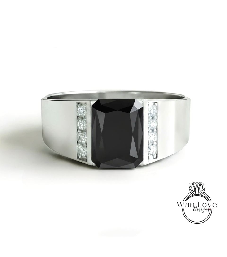 Custom Listing for Kade Men's Black Spinel Wedding Band Ring 2ct Emerald cut Gold Men Band Wedding Ring His Birthstone Wedding Band