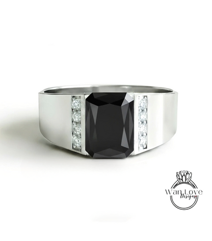 Custom Listing for Kade Men's Black Spinel Wedding Band Ring 2ct Emerald cut Gold Men Band Wedding Ring His Birthstone Wedding Band