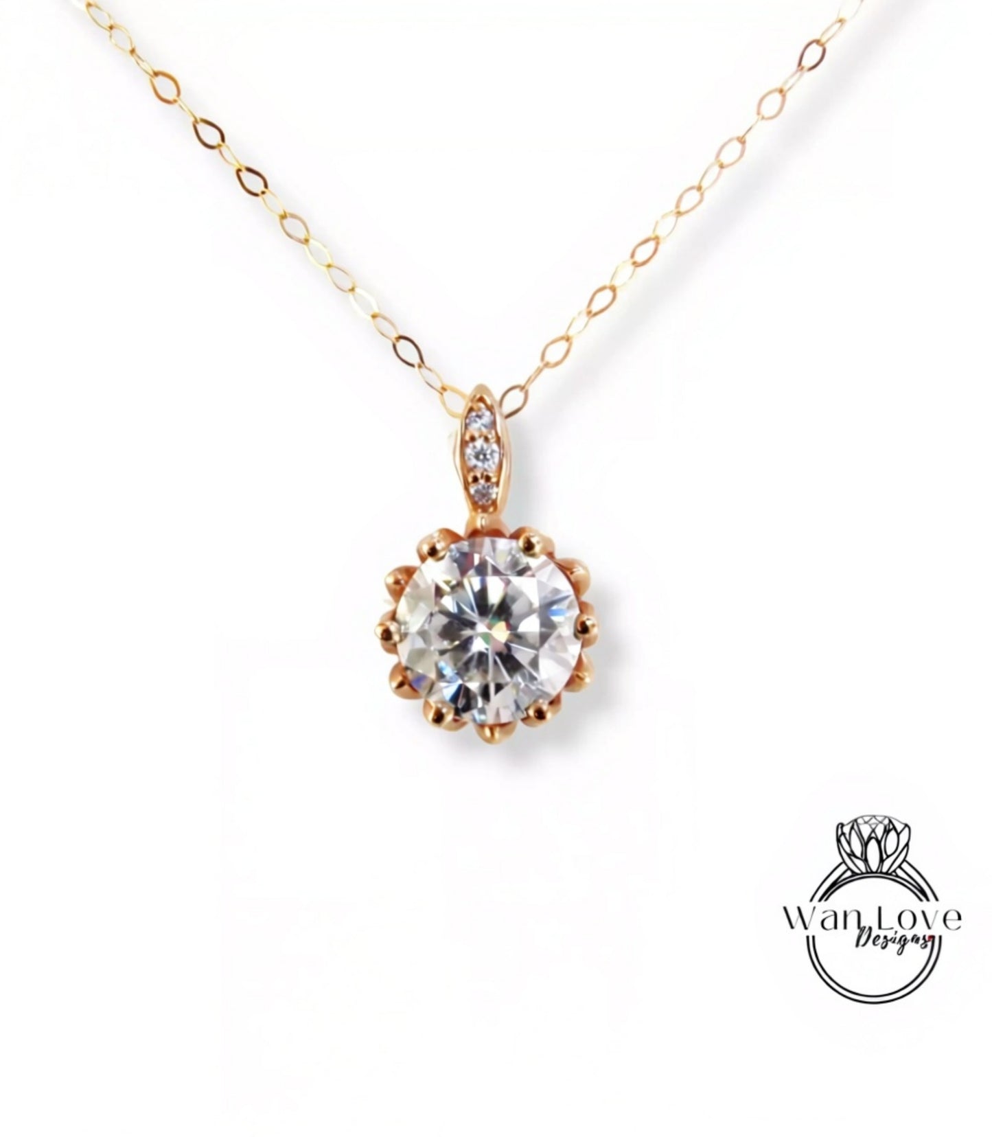 Lotus Flower Round Cut Moissanite Pendant Vintage Rose Gold Necklace Art Deco Moissanite Pendant Antique Charm Promise Wedding Necklace gift